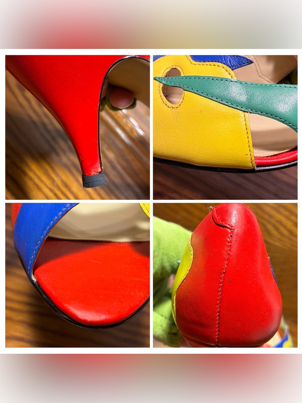 Vintage 80s 90s Calico Colorblock Leather Peep Toe Heels Size 10 - Picture 12 of 16